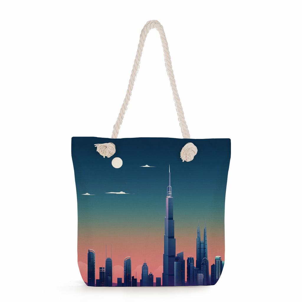 Multifunctional Dubai Architecture Printed Thick Rope Shoulder Beach Bag Casual large capacity handbag 7613