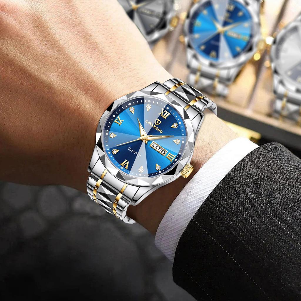 L LAVAREDO Stainless Steel Analog Quartz Date Silver Men's Watch, Fashionable, Casual, Business, Waterproof, Display, Blue-Black