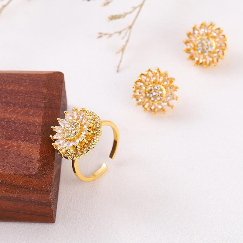 Minimalist Titanium Steel Necklace Earrings Ring Zircon Jewelry Set Rotatable Sunflower Jewelry Set for Women