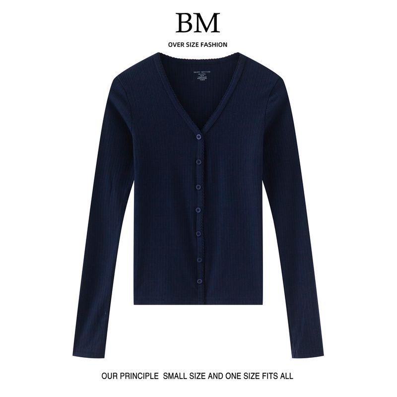 

BM Fashion Early Autumn New Lace V-neck Single-Breasted BM Knit cardigan Women Sweet Slim fit All-Match Top Navy blue One size