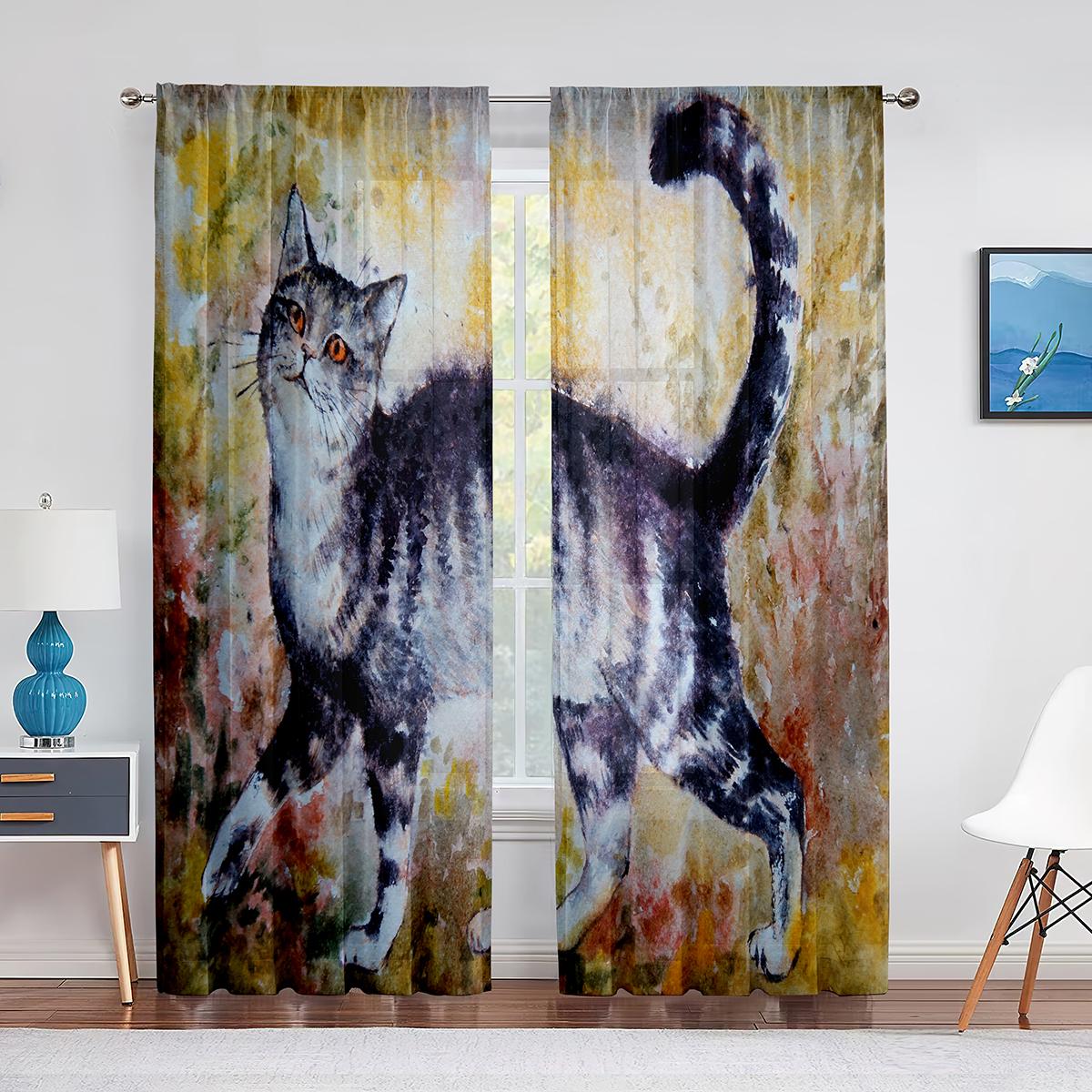 Милый кот акварельная живопись искусство цветочные прозрачные вуали шторы для спальни — фото 13