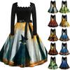 Women's Vintage Long Sleeve Square Neck Halloween Printed Party Dress for Evening Wear