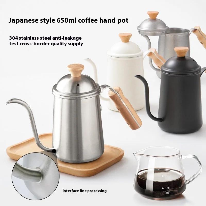 650ml Nerezová konvice na kávu s husím krkem, konvička na čajovou vodu s dřevěnou rukojetí, kempingová přenosná konvička na kávu pour over, kávové nádobí
