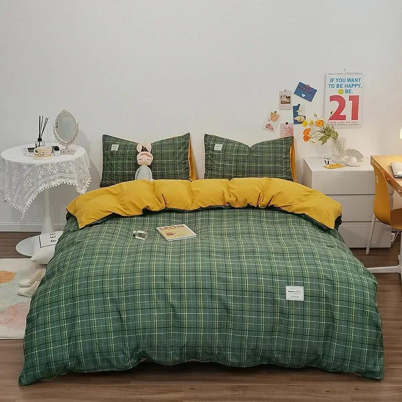 Japanese Grid Printed Washed Bedding Set Skin-Friendly Breathable Quilt Cover Sets for All Seasons Queen King Size Bedclothes