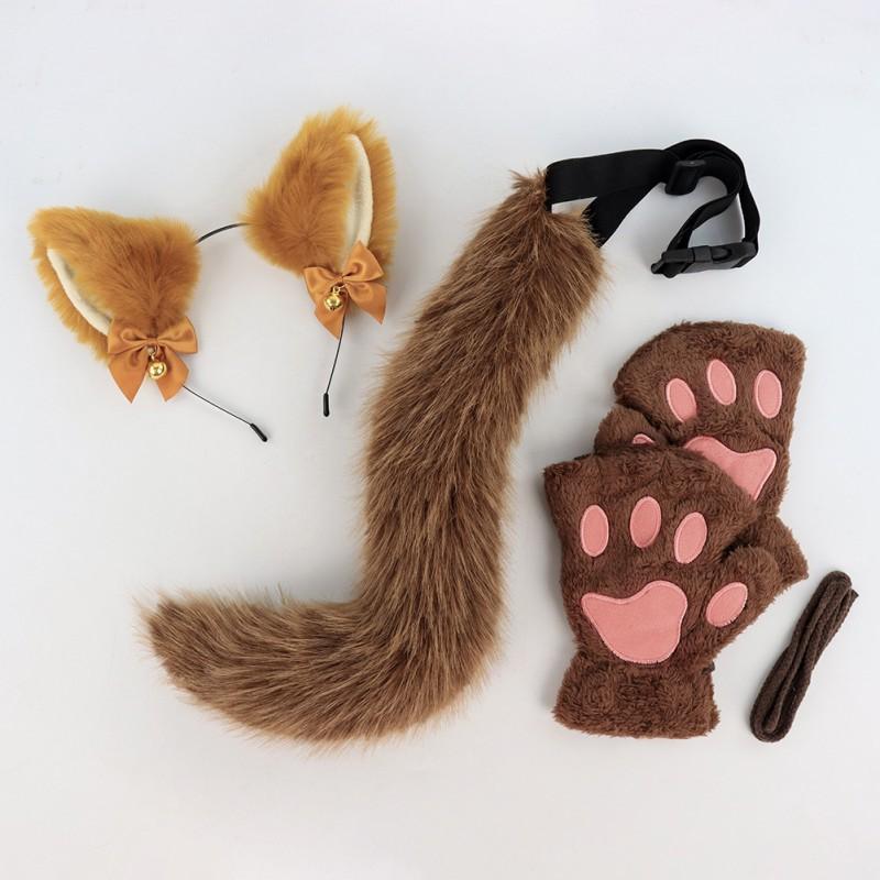 Cat Ear Headband With Bell Set Kawaii Paw Gloves Tail Accessory Cosplay Party Costume