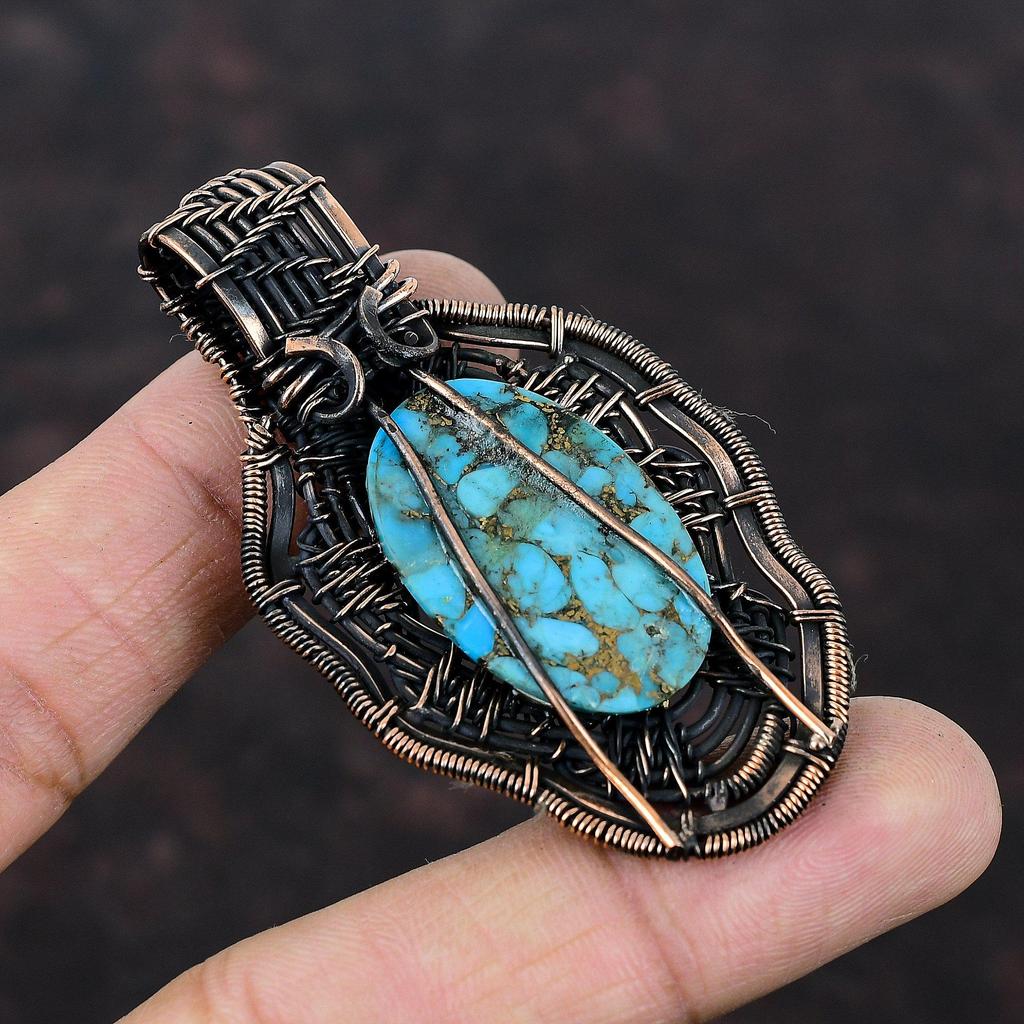 Copper Blue Turquoise Pendant Copper Wire Wrapped Pendant Gemstone Copper Jewelry Brand New Pendant Handmade Turquoise Jewelry Gift For Him