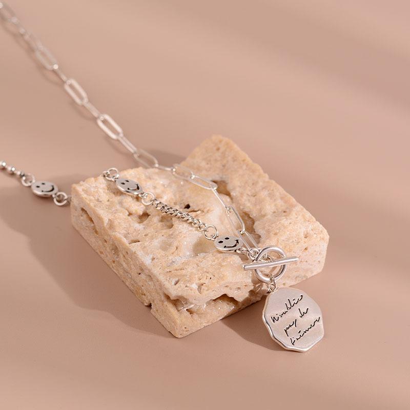 Thai Silver Square Brand Ot Buckle Versatile Hip-Hop Smiley Face Necklace Female Simple Sweet Cool Wind Sweater Chain