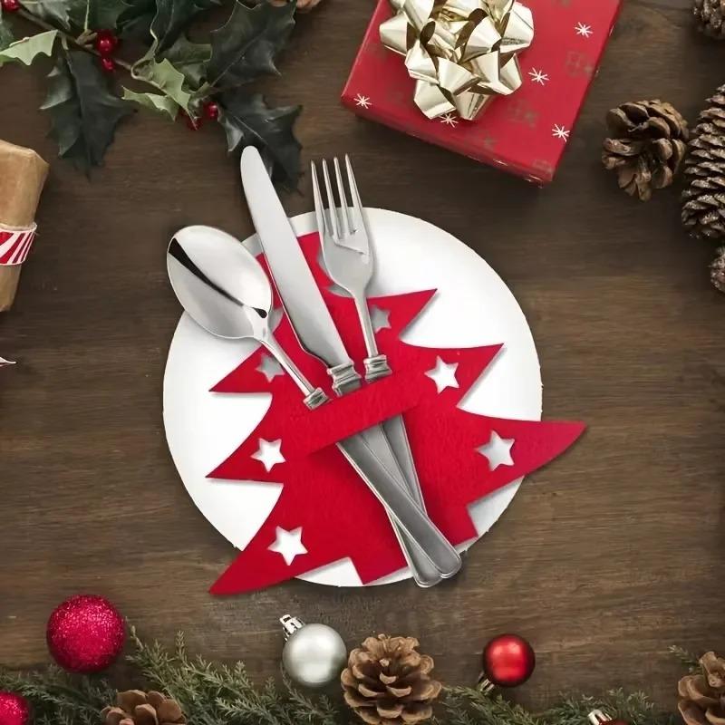 Felt Knife Fork Holder Christmas TablewarePouch Christmas Tree SpoonFork CutlerBag for Holiday Dining Table MatsCoasters Decor
