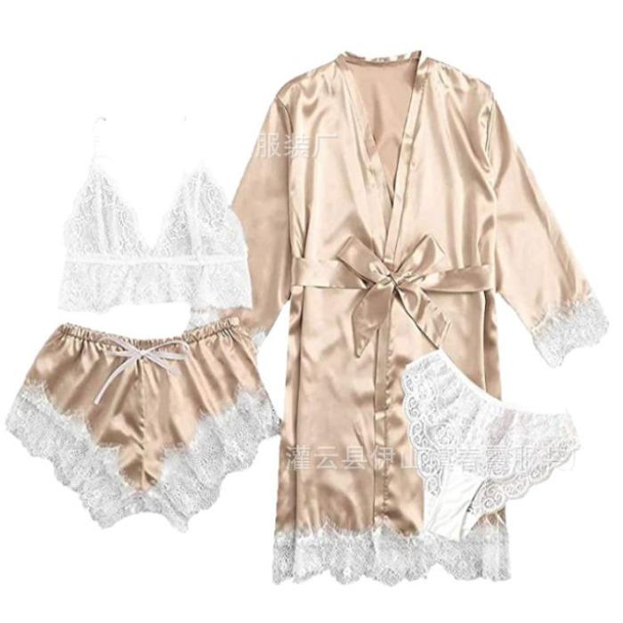 Elastyczny satynowy nowy seksowny komplet bielizny czteroczęściowy, komplet spódniczki z pasem do pończoch, odzież domowa wielokolorowy