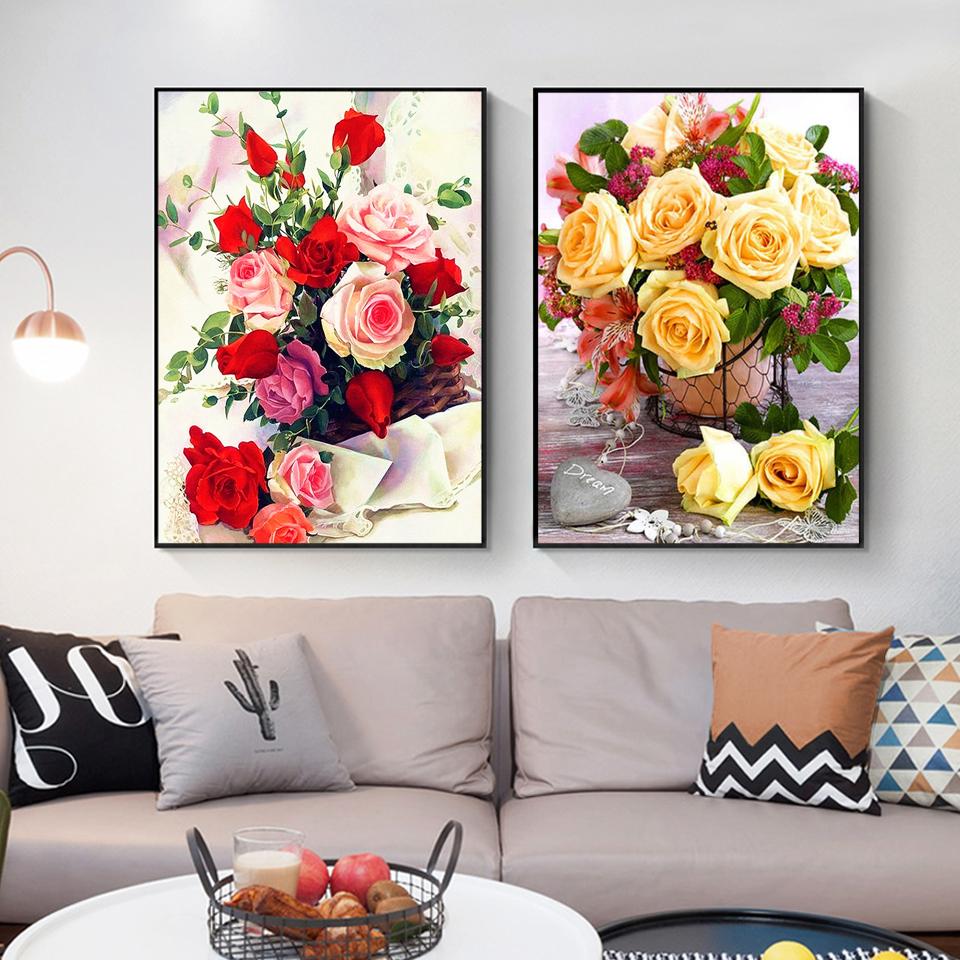 5D DIY Diamond Painting Flower Vase Rhinestone Rose Full Round Diamond Embroidery Cross Stitch Kit Mosaic Art Picture Gift