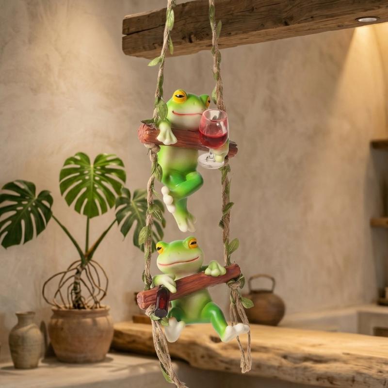 Cute Frogs Climbing Ladder With Wine Cup Wall Hanging Decors Resin Sculpture For Home Bookshelves And Garden Decoration