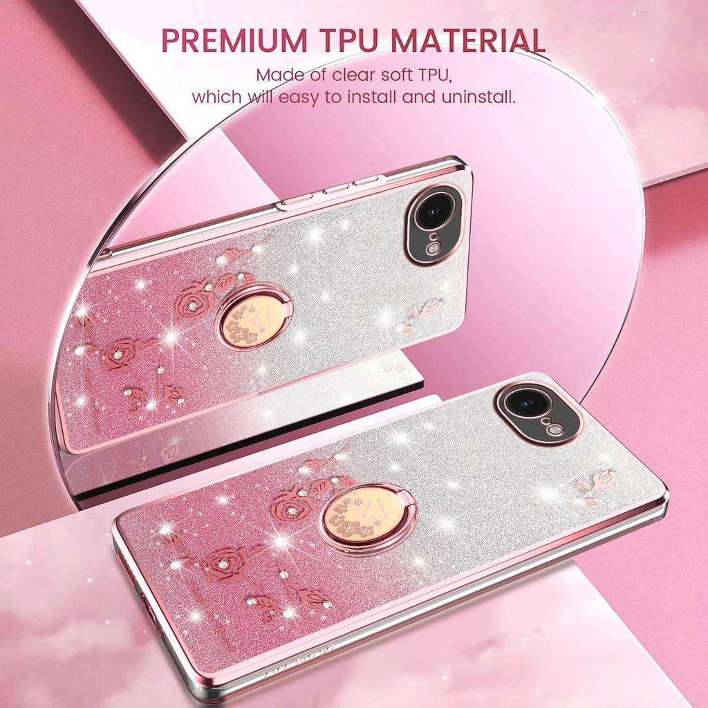 KADEM For iPhone 16e Case Ring Kickstand TPU Flowers Phone Cover Gradient Glitter