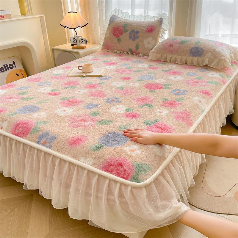 French Rabbit Fur Double-Layer Lace Fitted Sheet Bed Skirt 3-Piece Set