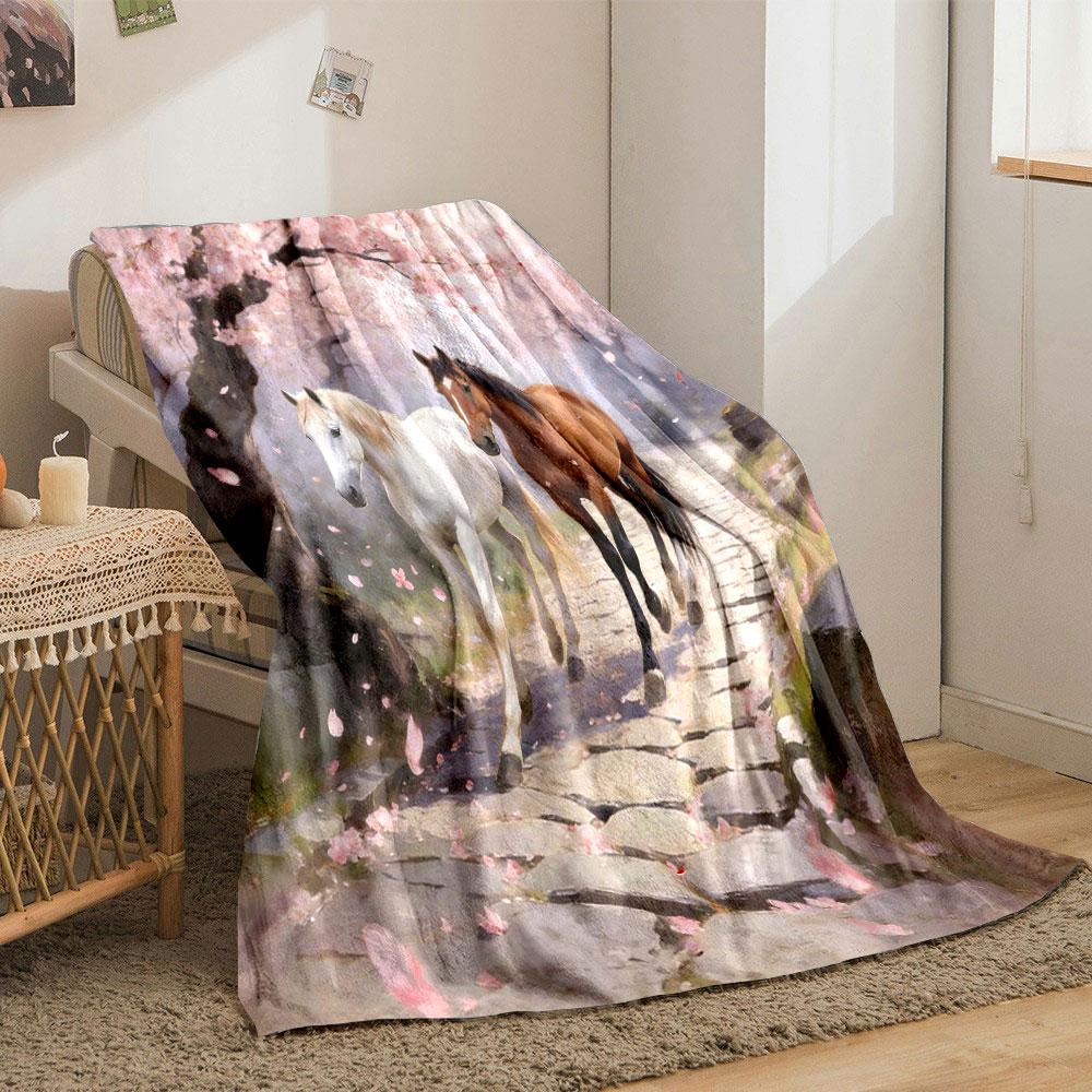 Multi-Size The Romance of Two Horses Print Blanket Flannel Soft Comfort Home Travel Blanket Kids Warm Blanket Picnic