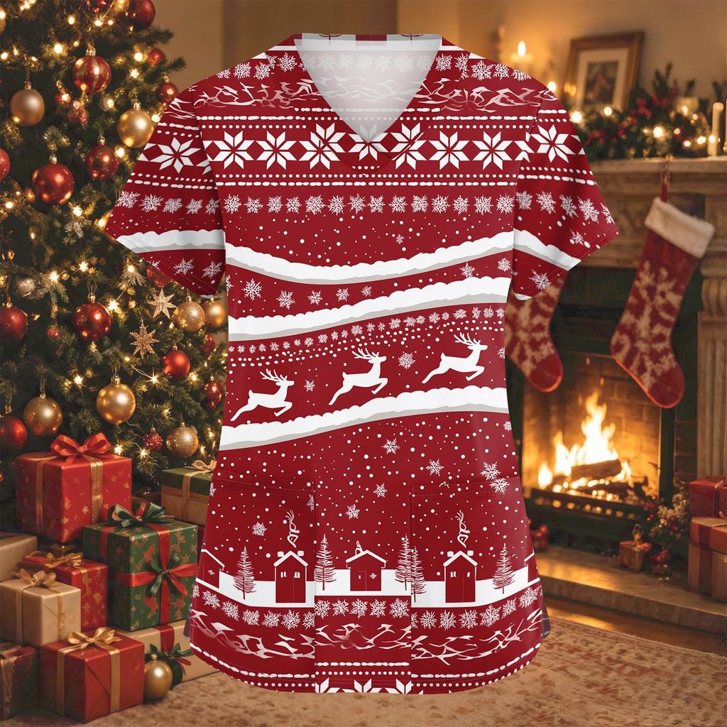 Women's Christmas Print V-Neck Short Sleeve Work Top with Pockets and Side Slits