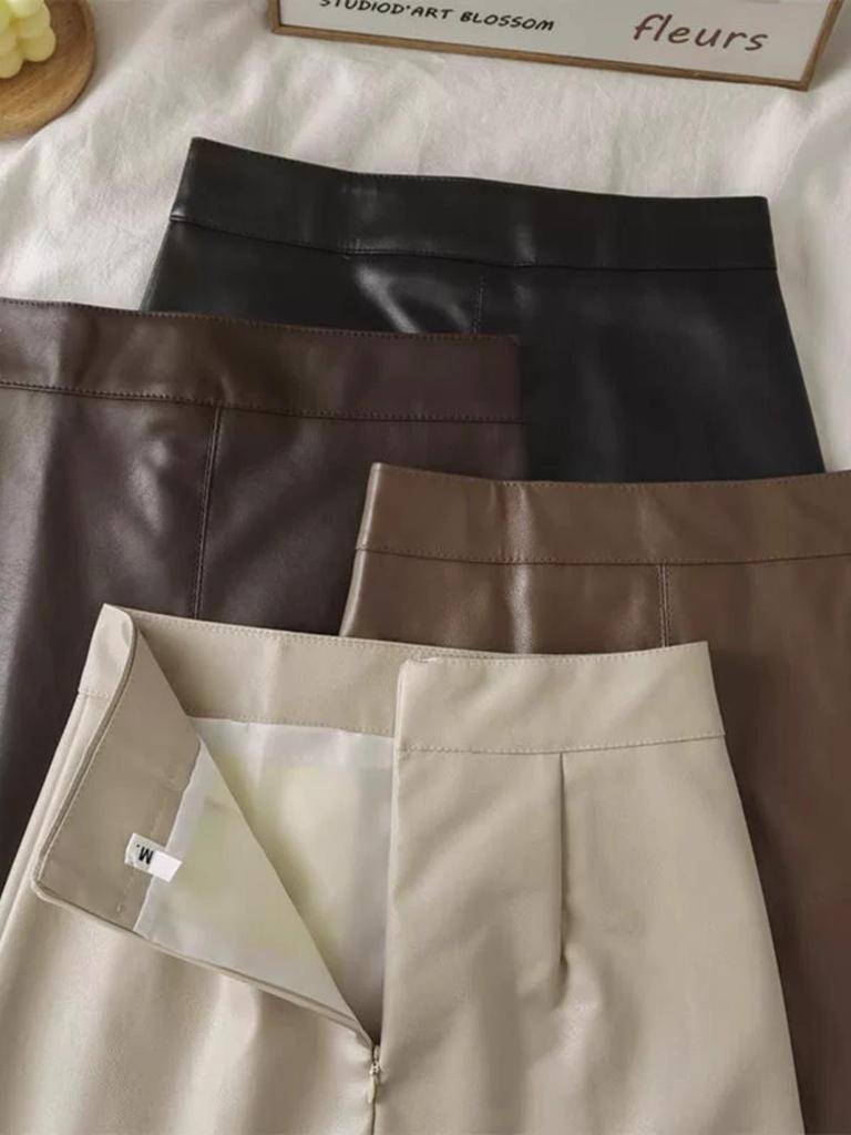 Autumn/Winter 2023 Women's PU Leather A-Line Skirt - High Waist, Slim Fit, Knee-Length, Casual Korean Style