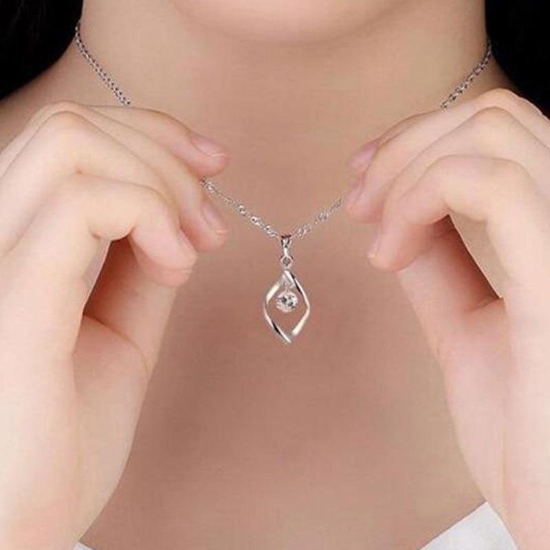Silver Plated Twisted Open Teardrop Pendant Necklace, Floating Round CZ Box Chain Necklace for Women