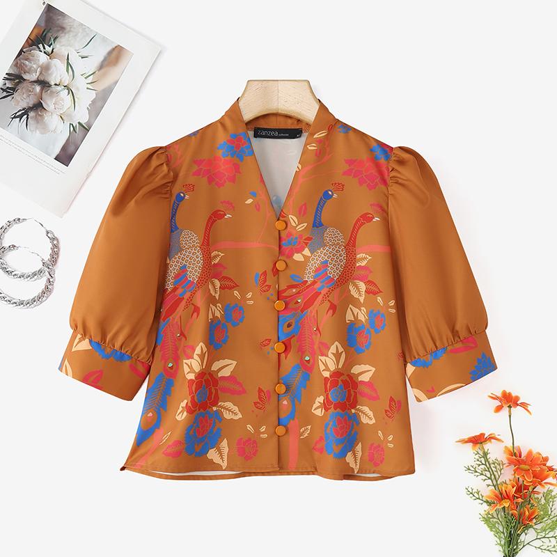 

ZANZEA Женская повседневная блузка с V-образным вырезом, летняя, с принтом, с рукавом три четверти 4XL оранжевый