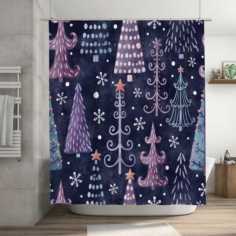 Christmas Tree Shower Curtain Festive Decor for Your Bathroom Dark Blue and Pink Printed Fabric Waterproof Bath Mat Cover Size 7