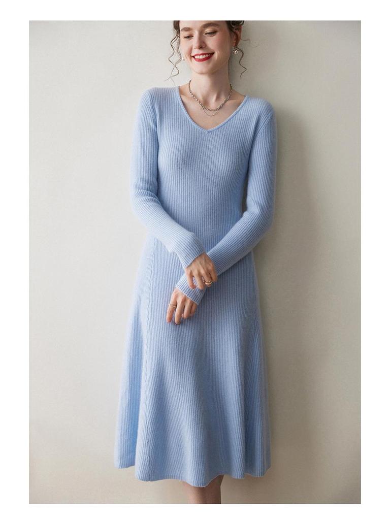 Women's Cashmere V-neck Ribbed A-line Sweater Dress - 2025 Autumn/Winter