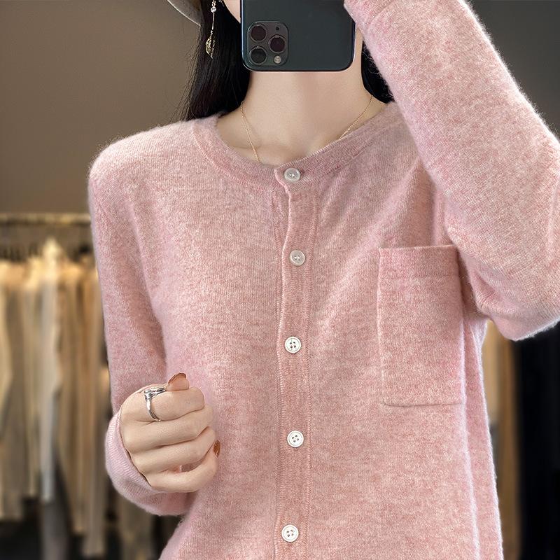 Round Neck Short Sleeve Long Sleeve Wool Cardigan Spring New Loose Fashionable Versatile Solid Color Knitted Top