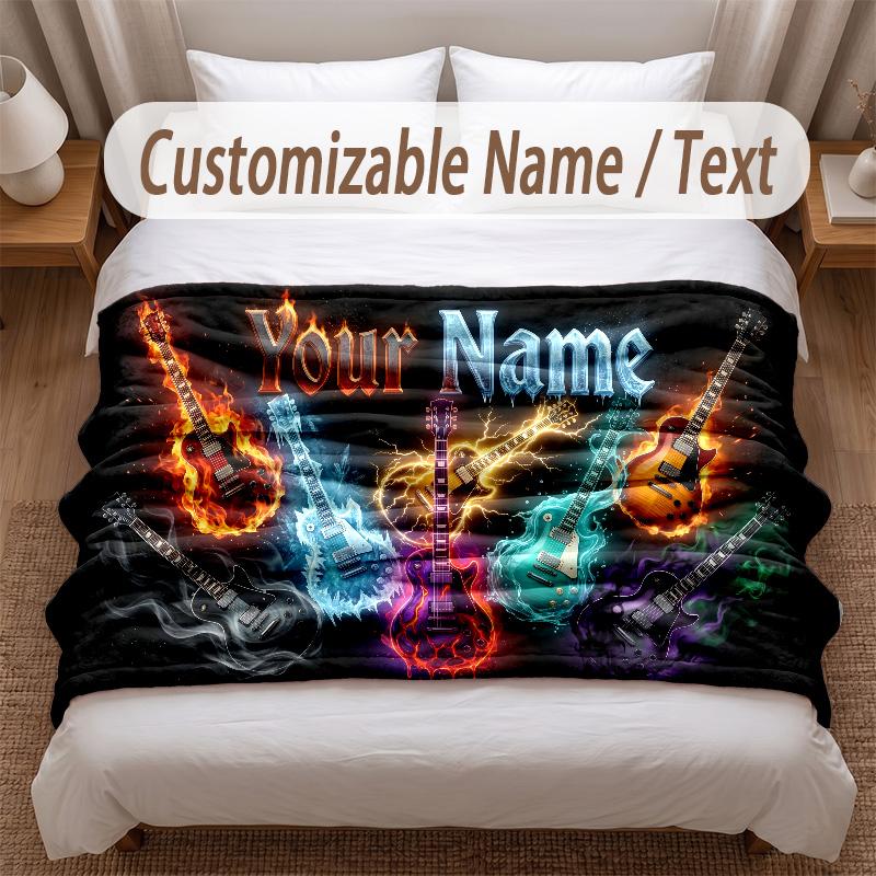 Music Guitar Theme Soft Blanket Personalized Custom Name Text Print Warm Blanket Home Sofa Bedroom Decor