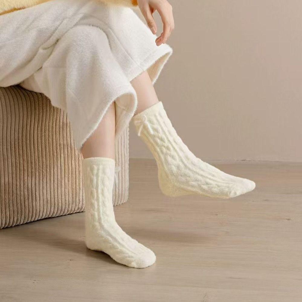 Screw Thread Coral Fleece Socks Thickened Mid Tube Socks Women Kawaii Floor Plush Socks  Female