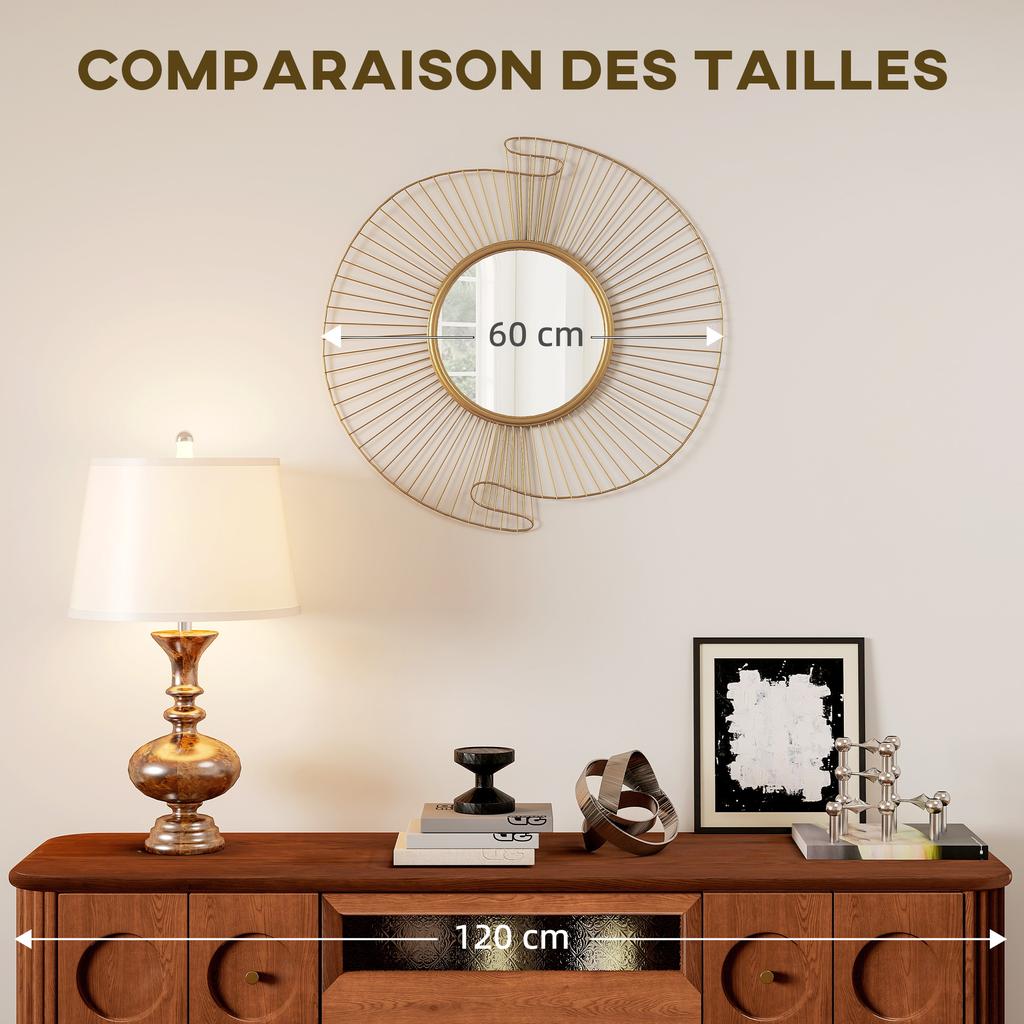 Round Decorative Mirror 60 Cm with 360 Degrees Mounting, Modern Metal Wall Decoration with Pleated Details, Gold