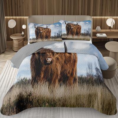 Hochlandkuh Tagesdecke Twin/King Bauernhoftier Stier Rind Überwurf Rustikaler Landhausstil Gestepptes Bettwäscheset Wendbare Tagesdecken