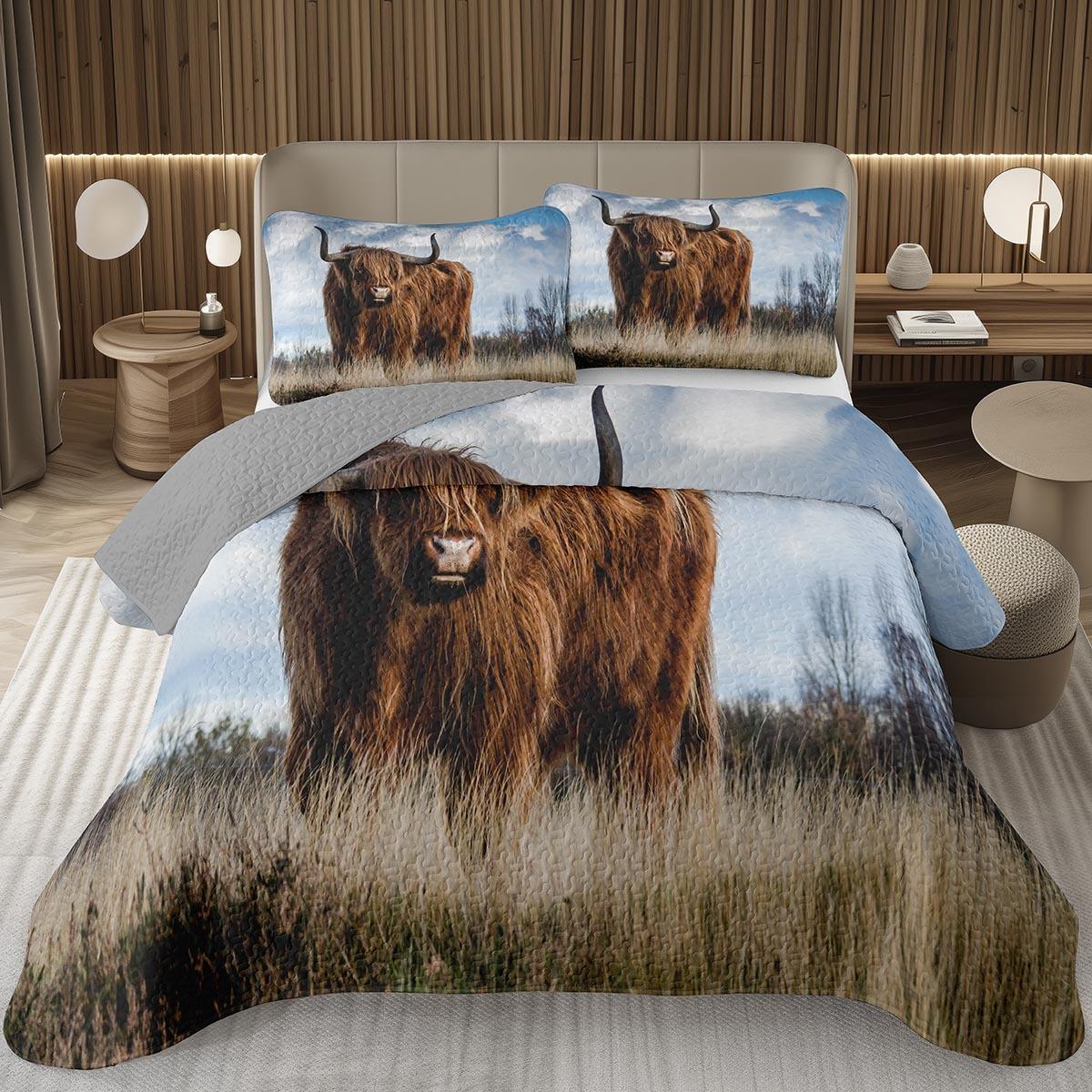 Binchi Fitness Unisex Highland Cow Bedspread Twin/King Farm Animal Bull Cattle Coverlet Rustic Country Style Quilted Bedding Set Reversible Bedspreads