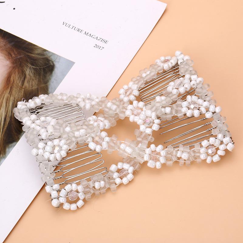 Women DIY Hair Accessories Pearl Beaded Elastic Hair Claw Hairpin Magic Comb Up-Do Hairstyle Bun Maker Tool Ponytail Hairdo Wolf