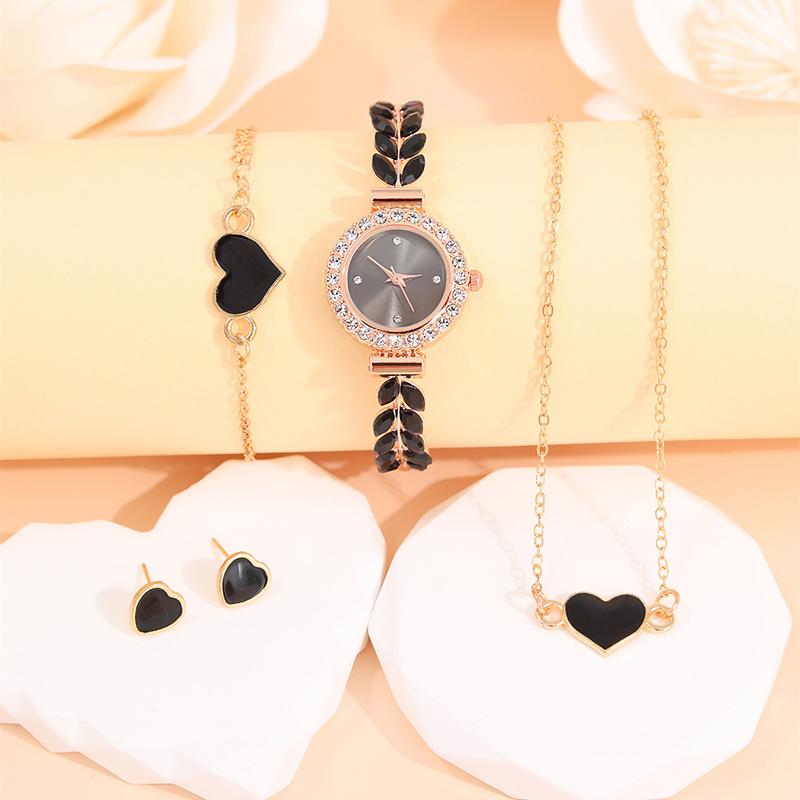 5PCS Luxury Personalized Diamonds with Diamonds Bracelet Style Quartz Watch Heart Shaped Girls' Pendant Necklace Bracelet Earnail Jewelry Set