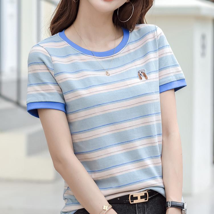 Tricou de vară din bumbac, larg, cu mânecă scurtă, cu dungi, pentru femei