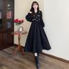 V-Neck Floral Embroidered Retro Black Dress - Spring/Autumn, Loose Fit, Large Size, Elegant Waist Design