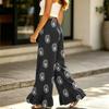 Damen High Waist Weite Hosen mit Kordelzug und Taschen Entspannte Passform Lange Hosen mit Rüschensaum und Blumendruck für Freizeitkleidung