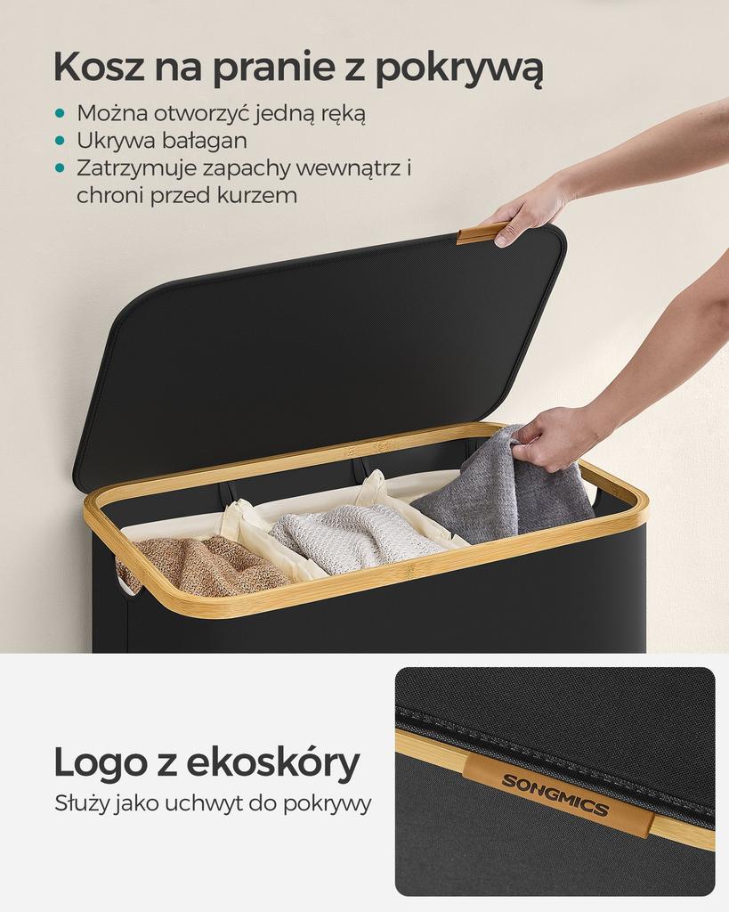 Czarny Kosz Na Pranie Z Pokrywą 150 L