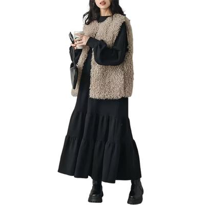 Ruhige Welle Schweiß Lang Schmeichelnd Rüsche Rund Maxi Plus Entspannt und Perfekt für Herbst und Winter Damenkleid, Ärmel, Saum, Hals, Länge, Größen,