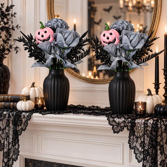 Decorative Silk Flowers for Showcases Halloween Artificial Flower Bouquet, Eucalyptus Floral Stems with Pumpkin Skull, Fake Reusable Dark Theme Party