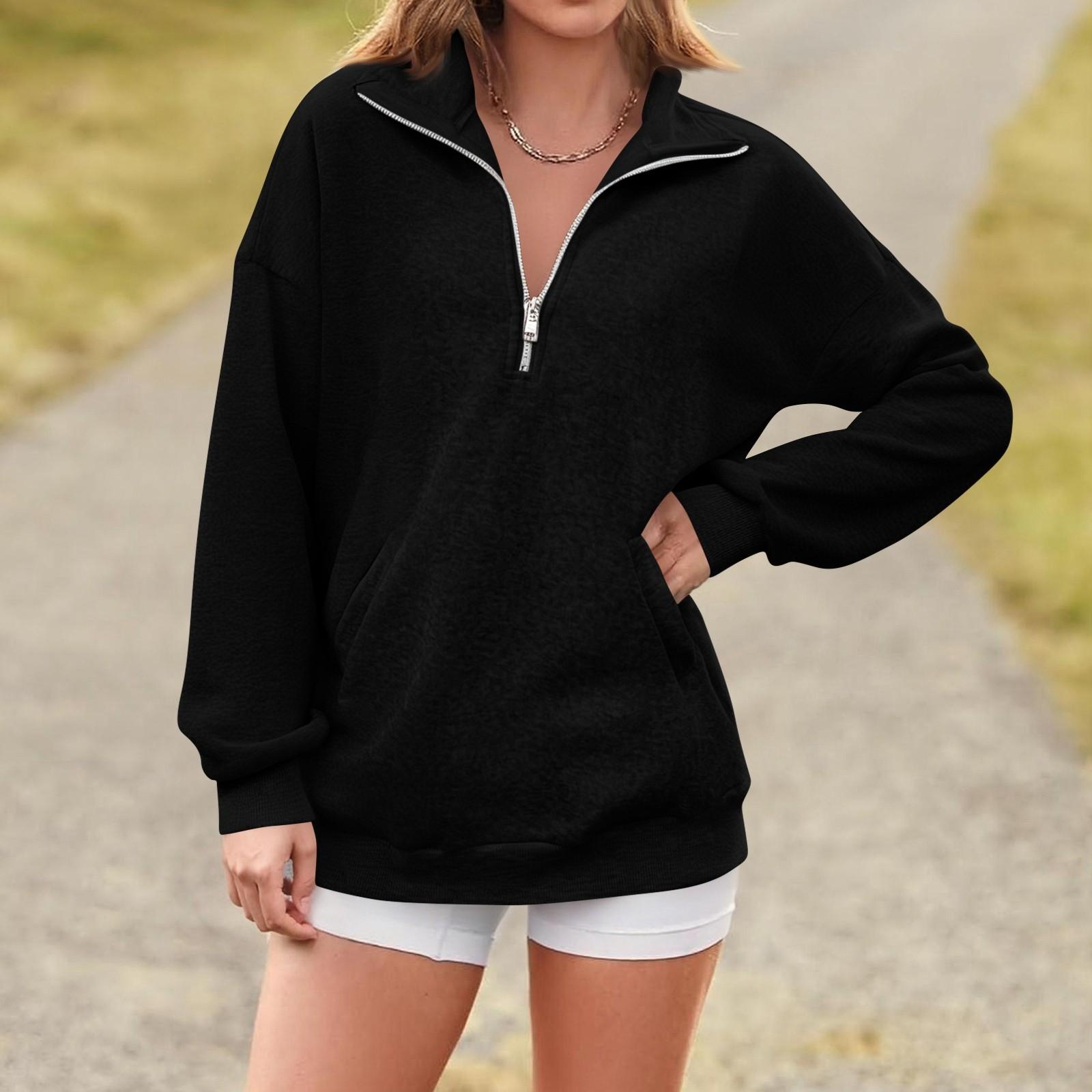 

Женский повседневный модный топ-свитшот с лацканами и половинной молнией, однотонный XL чёрный