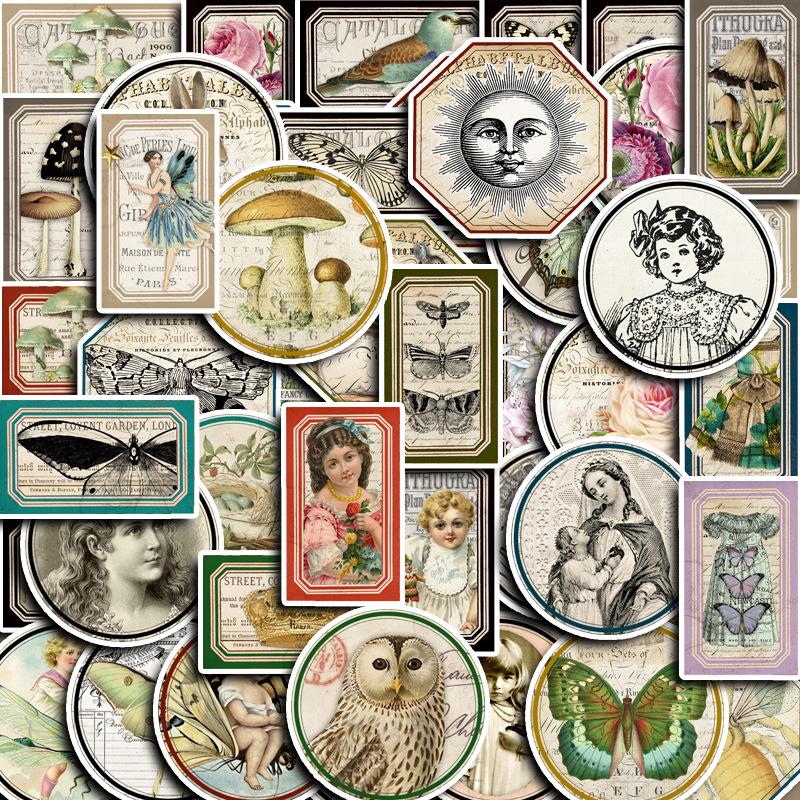 Ретро Абстрактные Наклейки для Журнала Сова и Бабочка - Осенние Цветочные и Лиственные Узоры (50 листов)
