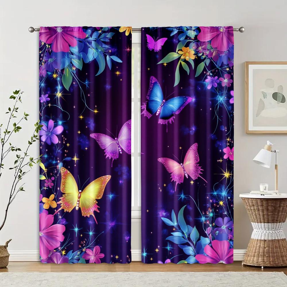 2pcs   Creative Curtains Modern Dream Luminous Blue Purple Butterfly Versatile Polyester Fabric (without rod) Decorations Outdoor