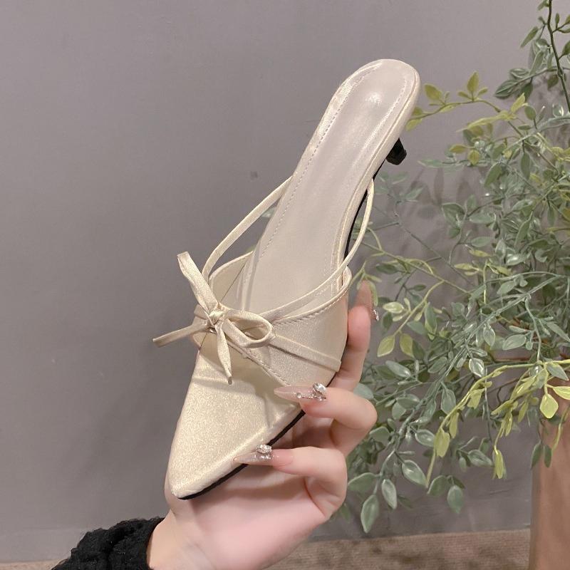 Fashion New Butterfly Knot Pointed Toe Slim-heel Flip-flops for Summer Women's Open-toe Satin Low-heel Non-slip Slippers