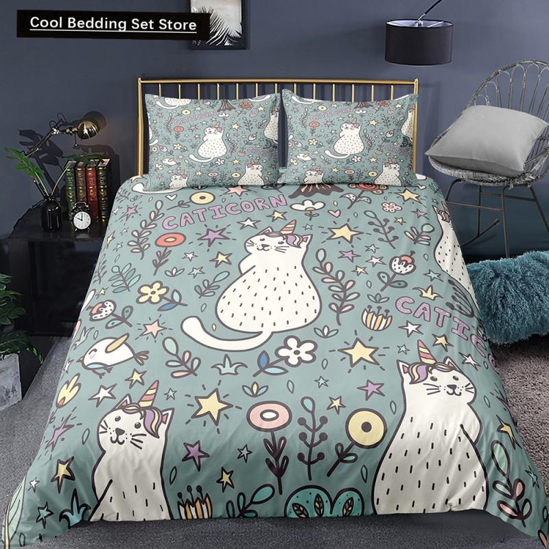 Katze Blumen König Königin Bettbezug Cartoon Kitty Floral Bettwäscheset für Kinder Niedliche Tiere Schwarz 2/3-teilig Polyester Steppdeckenbezug