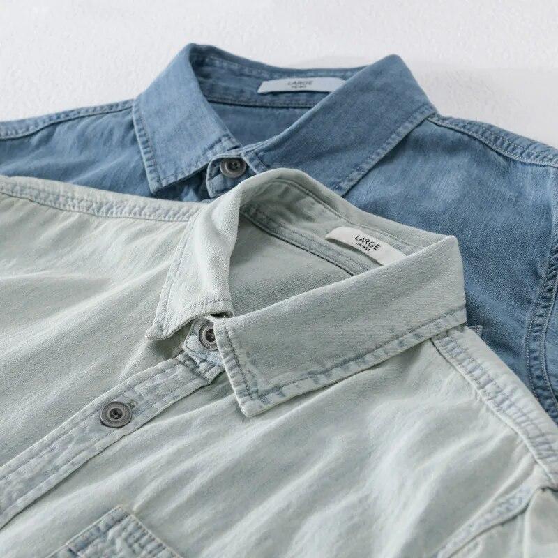 Vår Höst Långärmad Denimskjorta för Man Daglig Casual Ljusblå Jeans Herrtoppar Ren Bomullsskjorta Slim Fit Ungdom Enkel Stil Herrkläder