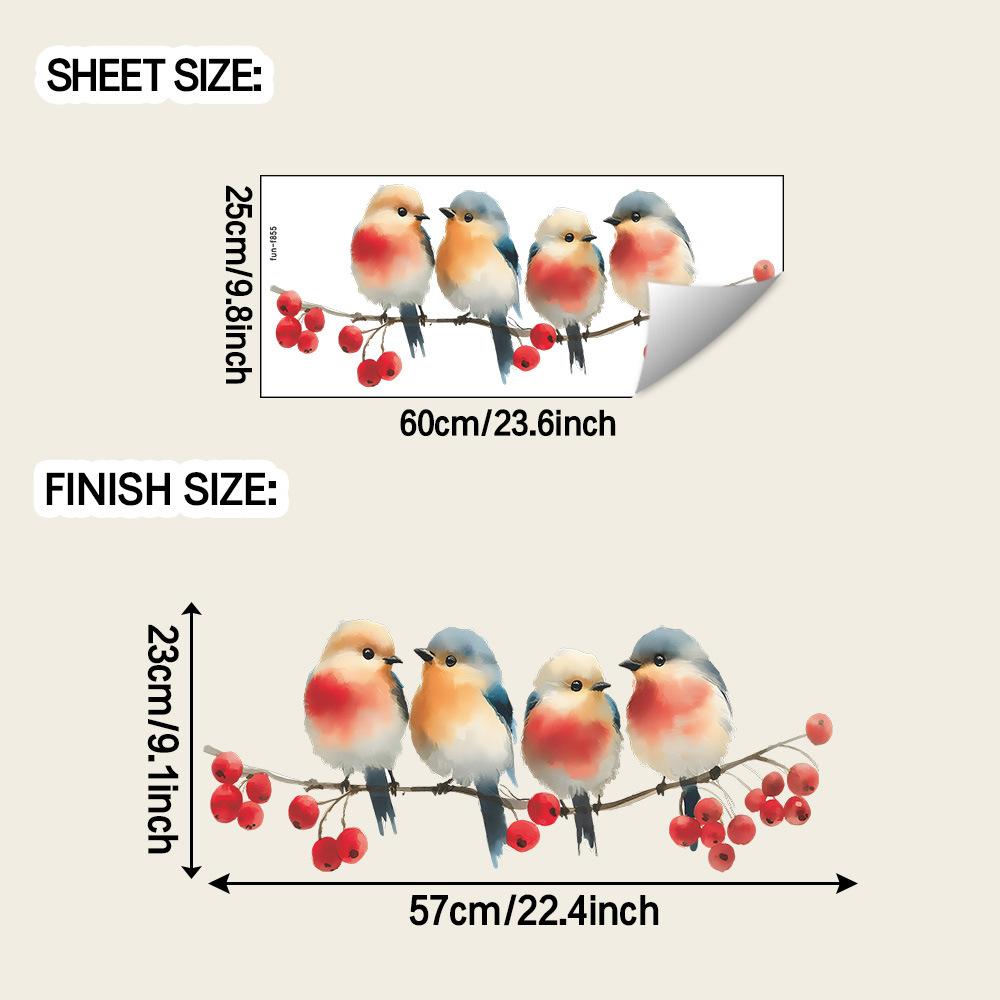 Sticker Mural Oiseaux à l'Aquarelle Peints à la Main et Baies Rouges sur une Branche Décor Bucolique Autocollant Amovible pour la Maison Salon