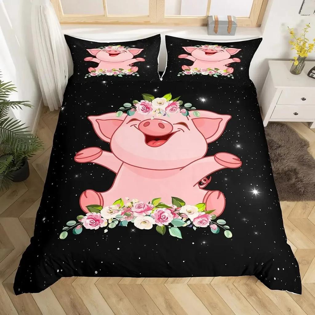 Cute Pig sunflowers Florals Pink Grid Lattice Plaid Comfortable Duvet Quilt Cover Pillowcase Bedding Set Bedroom Home Textile