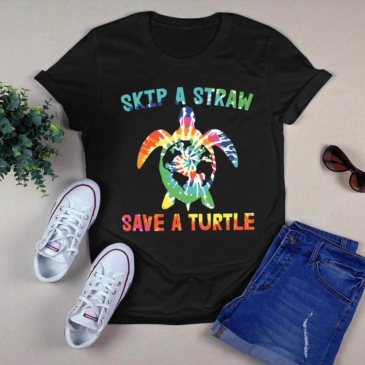 Men s and Women s T-shirts Skip a Straw Save a Turtle Hippie Tie Dye Turtle Gift S