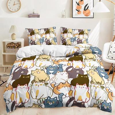 Niedliches Cartoon-Katzen-Bettwäscheset Weiche Mikrofaser-Bettwäsche mit Kissenbezügen Queen King Einzelgröße Tiere 135x200cm Bettbezugset