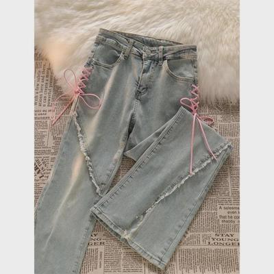 Women's Summer Flare Jeans, Slim Raw Edge Design, Small Size, 150cm Tall, Slit Detail.