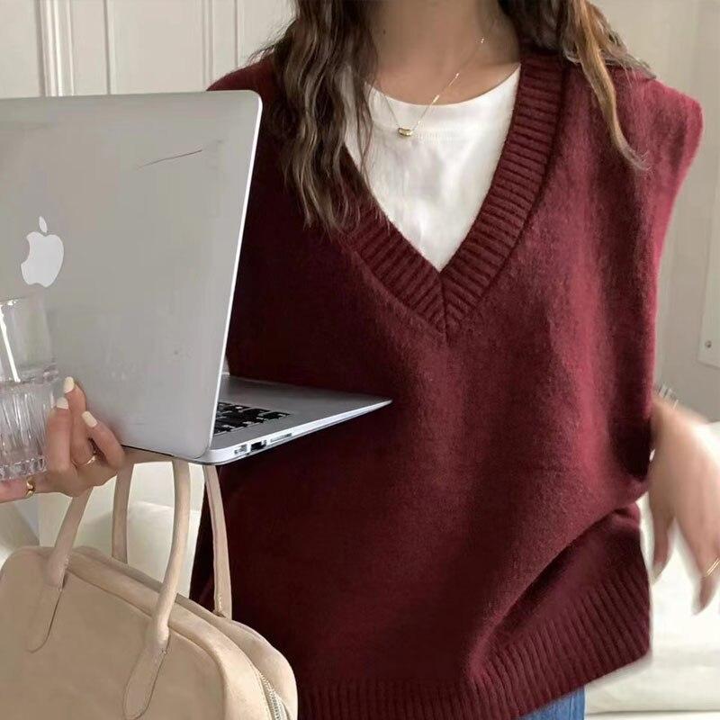 Andy New Loose Fashion Lazy Style Pullover V Neck Waistcoat Sleeveless Knit Vest Sweater Women